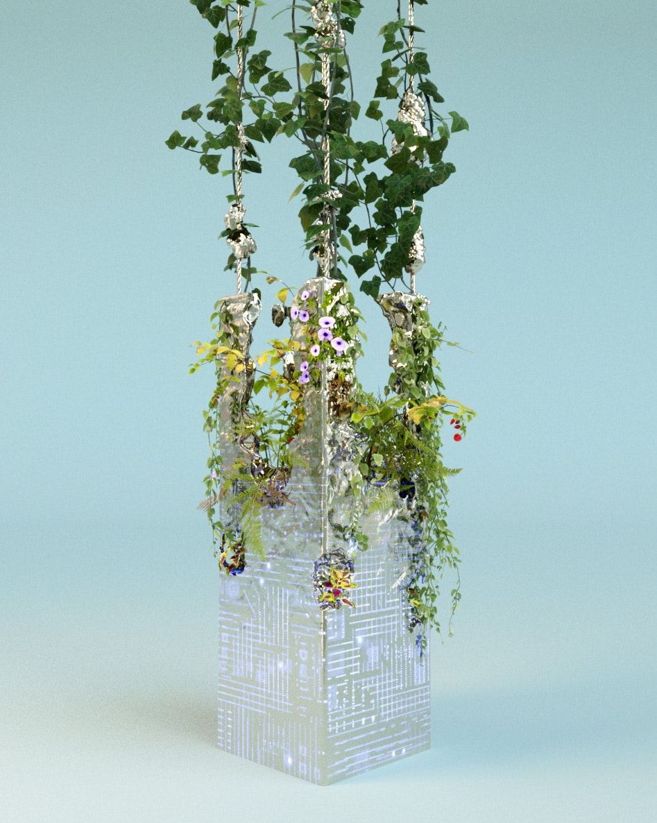 Photo of plants growing from a vaguely futuristic pillar