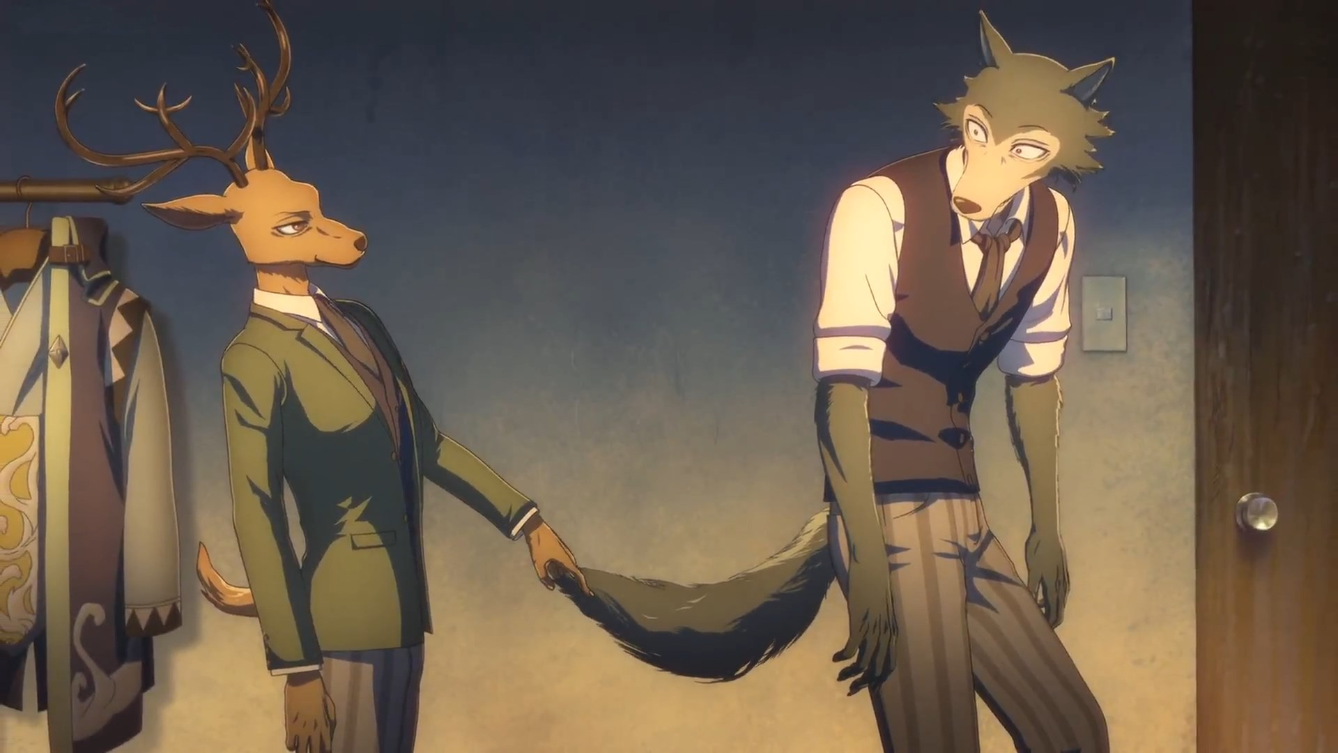 A frame from the anime adaptation of "Beastars" in which Louius suggestively grabs Legoshi's tail