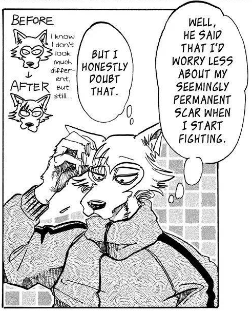 A frame from "Beastars" where the main character's thoughts are accompanied by cutesy doodles