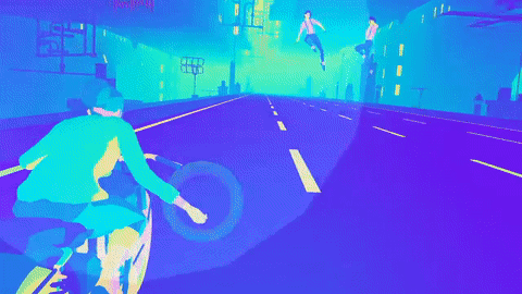 An animated sequence depicting the game's protagonist riding a motorcycle, steering with one hand and snapping her fingers with the other