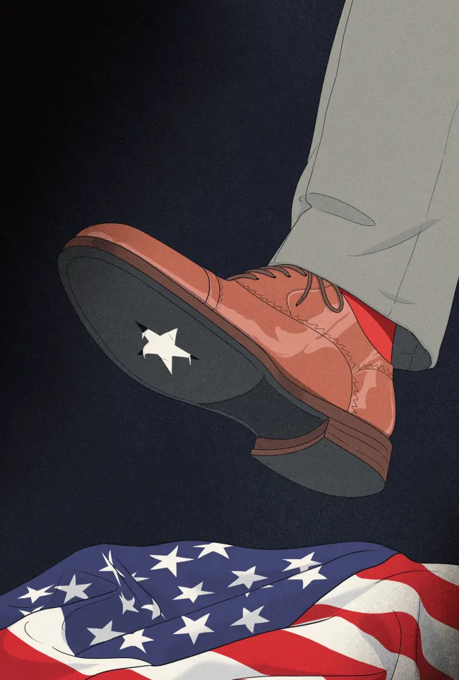 An illustration of a dress shoe lifting off of a crumpled American flag; one white star is stuck to the sole of the shoe